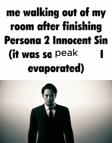 a man in a suit and tie is walking out of a room after finishing persona 2 innocent sin ..
