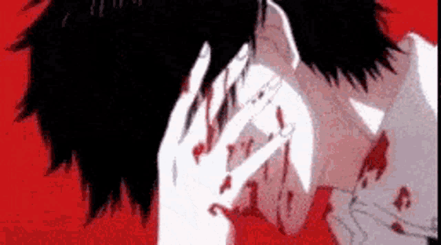a bloody anime character is covering his face with his hand .