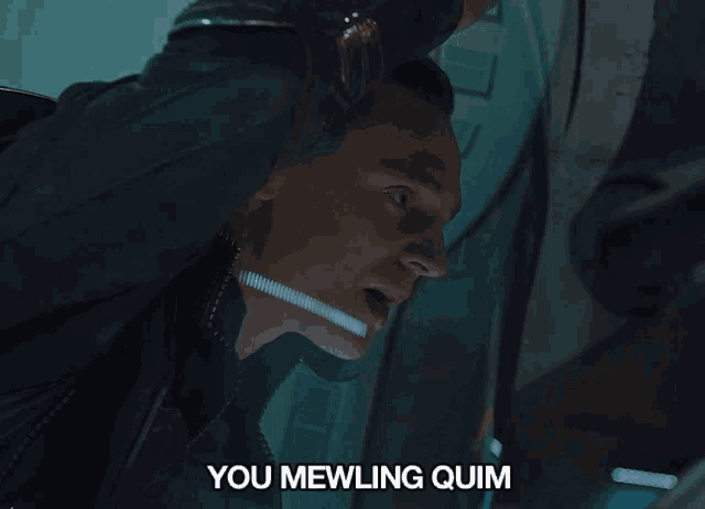 a close up of a man 's face with the words you mewling quim below him