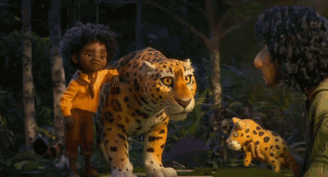 a child is riding on the back of a stuffed animal leopard