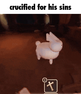 a cartoon rabbit is being crucified for his sins in a video game .
