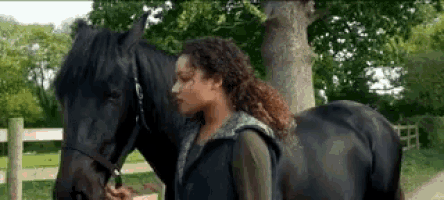 a woman standing next to a black horse in a field .