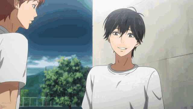 two anime characters are standing next to each other