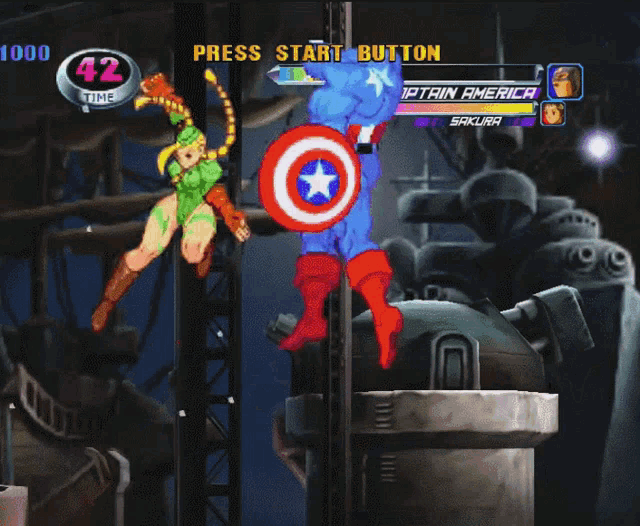 a video game screen shows a purple superhero flying through a fire circle with the press start button above him