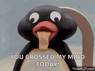 a penguin is sticking its tongue out and says `` you crossed my mind today '' .