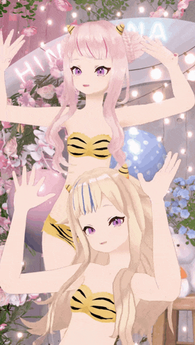 two anime girls are standing next to each other in front of a sign that says hinana