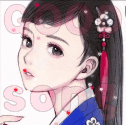 a drawing of a girl with hearts on her lips and the word good soon in the background