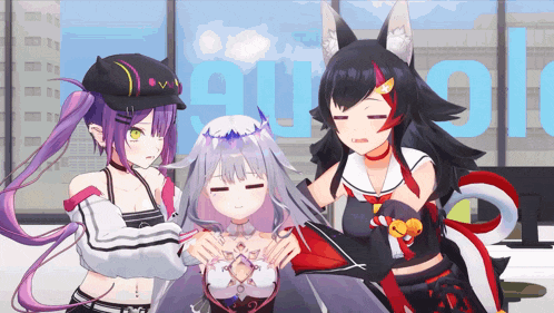 three anime girls are standing next to each other in front of a window