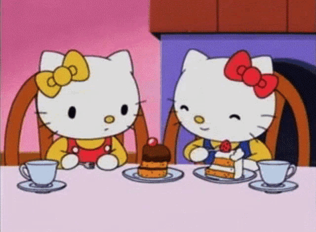 two hello kitty cartoon characters are sitting at a table eating cake and drinking tea .