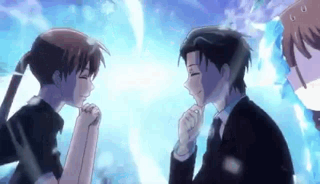 a man and a woman are holding hands and smiling at each other in a cartoon .