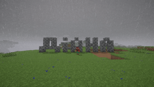 a screenshot of a minecraft game shows a few blocks in the middle of a field