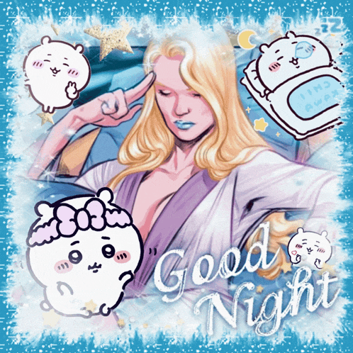 a cartoon drawing of a woman with the words good night on it