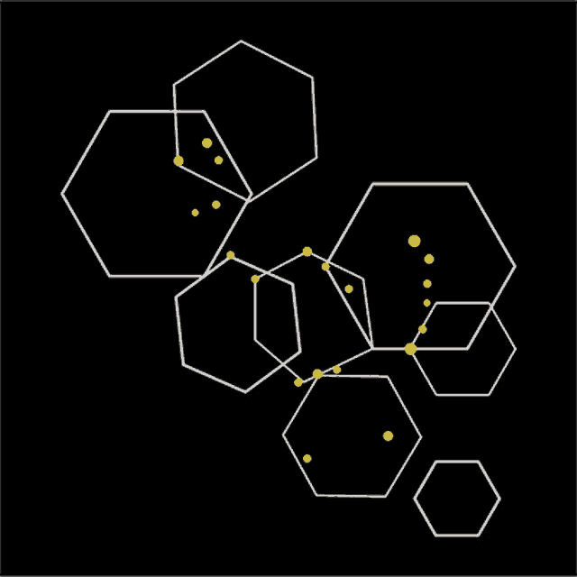 a black background with white hexagons and yellow dots