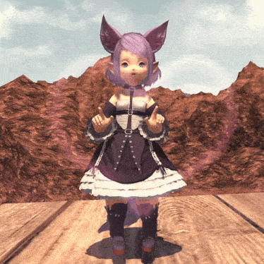 a little girl with purple hair and ears is wearing a purple dress