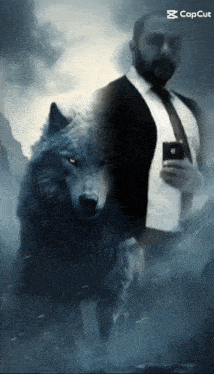 a man in a suit and tie is standing next to a wolf and taking a picture