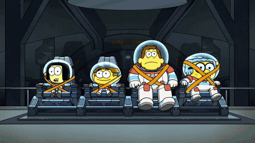 a group of cartoon characters are sitting in a room