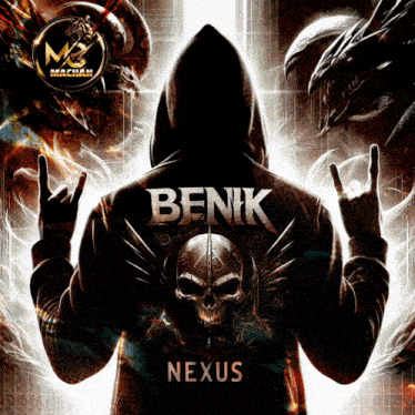 a poster for benk nexus with a skull on the back