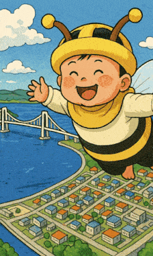 a boy dressed as a bee flies over a city