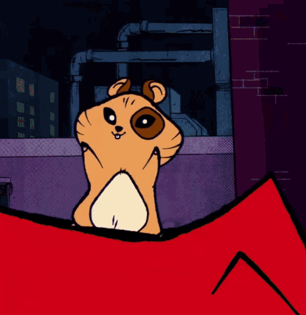 a cartoon of a hamster sitting on a red arrow