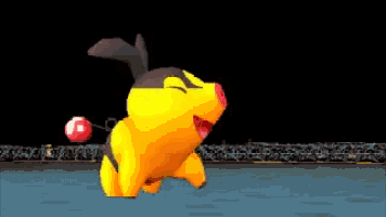 a yellow pig with a red ball hanging from its tail