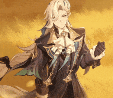 a man with long white hair is wearing a black and gold suit