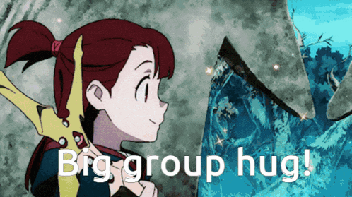 a picture of a girl with a sword and the words " big group hug "