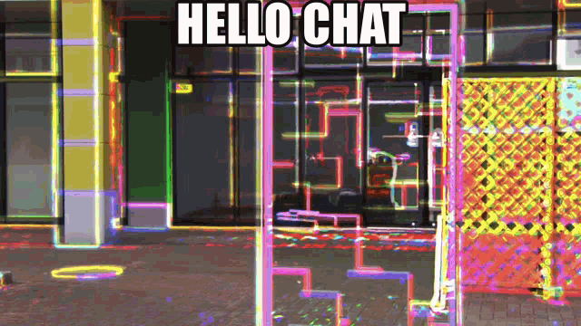 a picture of a building with the words hello chat written on it