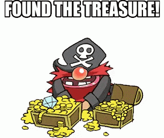 a cartoon of a pirate surrounded by treasure chests with the words `` found the treasure '' written above him .