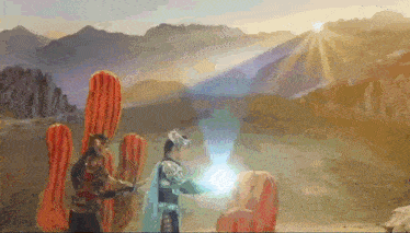 a man in a costume is holding a sword in front of a cactus