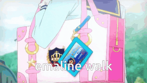 a pink and white suitcase with the words " emaline walk " on it