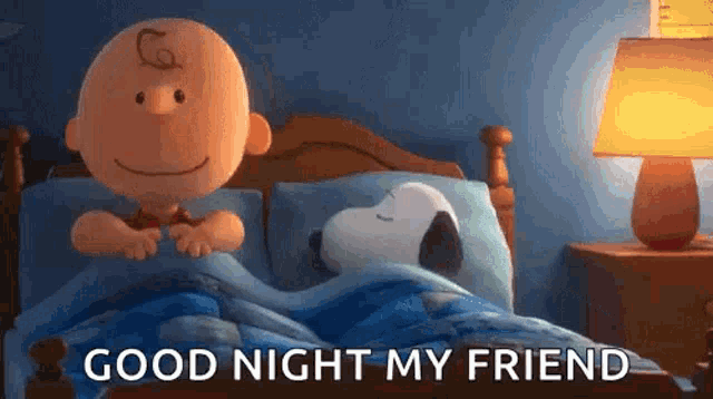 charlie brown and snoopy are sleeping in a bed and saying `` good night my friend '' .