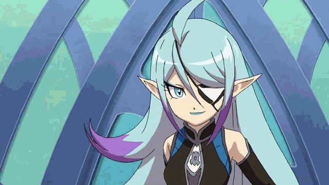 a cartoon character with a purple and blue hair and a black eye patch