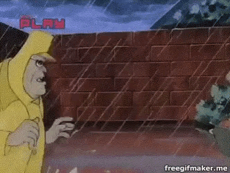 a cartoon character in a yellow raincoat is standing in front of a brick wall in the rain .