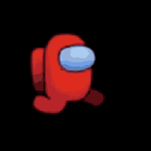 a red among us character with a blue head and blue eyes is walking on a black background .