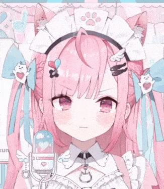 a girl with pink hair is holding a microphone with a heart on it