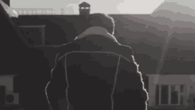 a man in a black jacket is standing in front of a building with the sun shining through the windows .