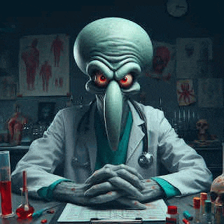 squidward from spongebob squarepants is a doctor sitting at a desk in a lab .