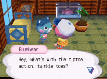 a video game character named bluebear talking to another character