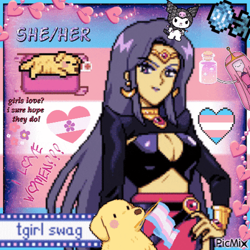 a pixel art of a woman holding a transgender flag with the words she / her on the bottom