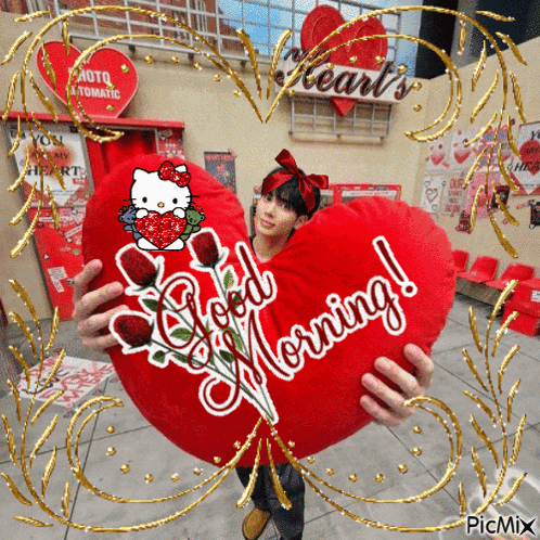 a man holding a heart shaped pillow that says good morning on it