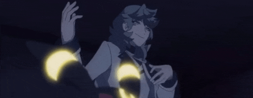 a cartoon character is standing in the dark with his arms outstretched and glowing bracelets around his wrists .