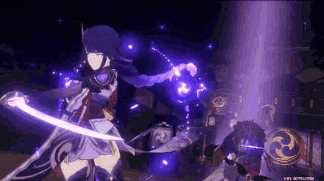 a video game character is holding a sword with purple lights coming out of it