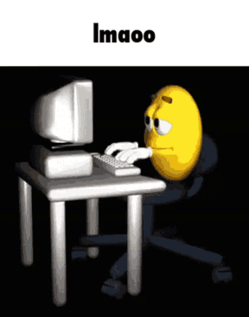 a yellow smiley face is sitting at a desk typing on a computer keyboard