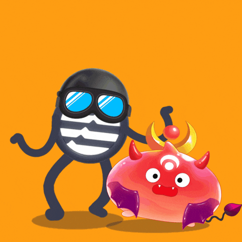 a cartoon character with a helmet and goggles is standing next to a devil and the words what ?