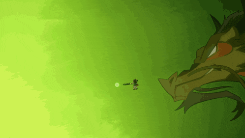 a green background with a dragon and a person flying in the air