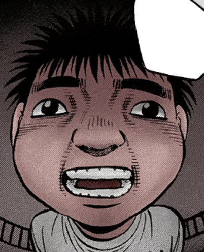 a cartoon drawing of a boy with a speech bubble above his head
