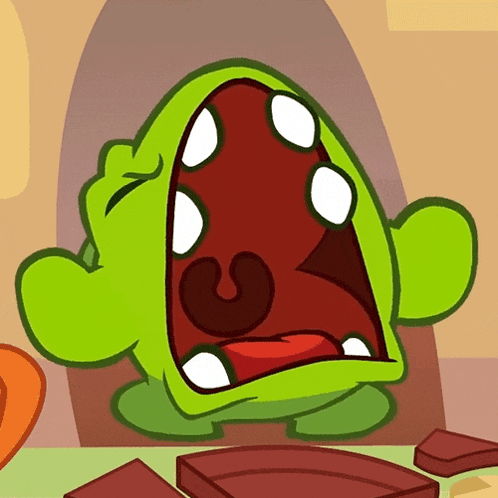 a cartoon character with a large mouth is eating chocolate