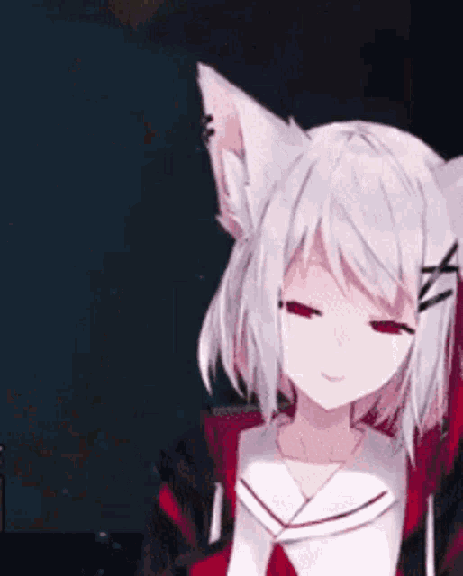 a anime girl with white hair and cat ears is smiling