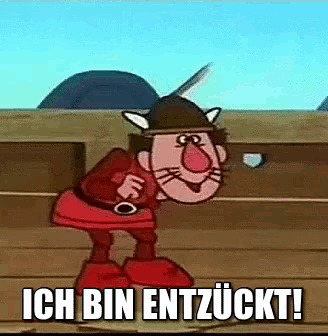 a cartoon character is standing on a wooden floor with the words ich bin entzuckt written below him .