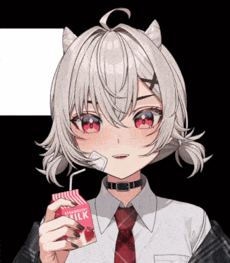 a girl with horns is drinking strawberry milk through a straw
